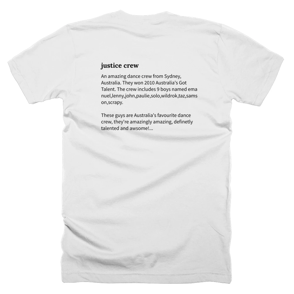 T-shirt with a definition of 'justice crew' printed on the back