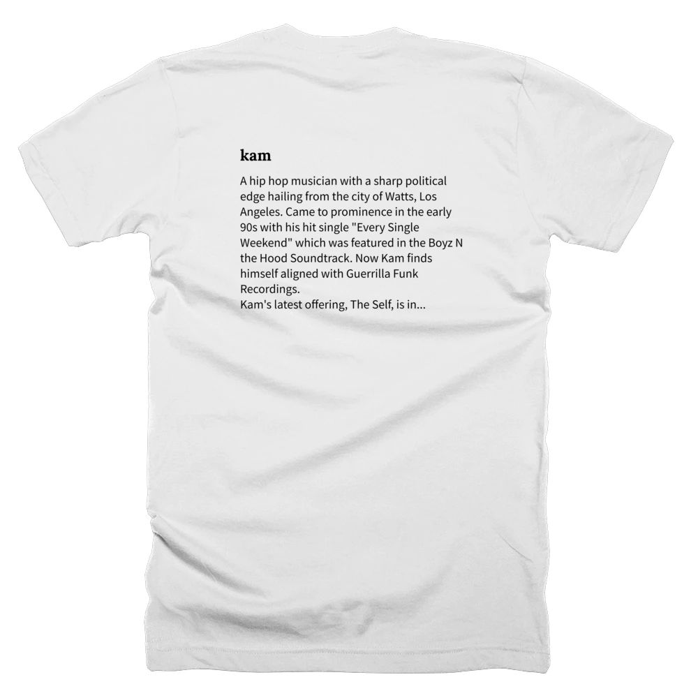 T-shirt with a definition of 'kam' printed on the back