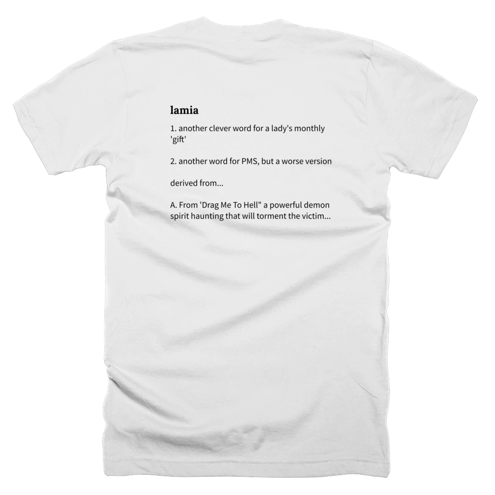 T-shirt with a definition of 'lamia' printed on the back