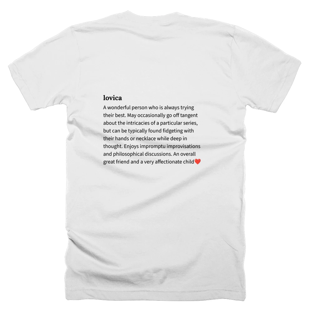 T-shirt with a definition of 'lovica' printed on the back