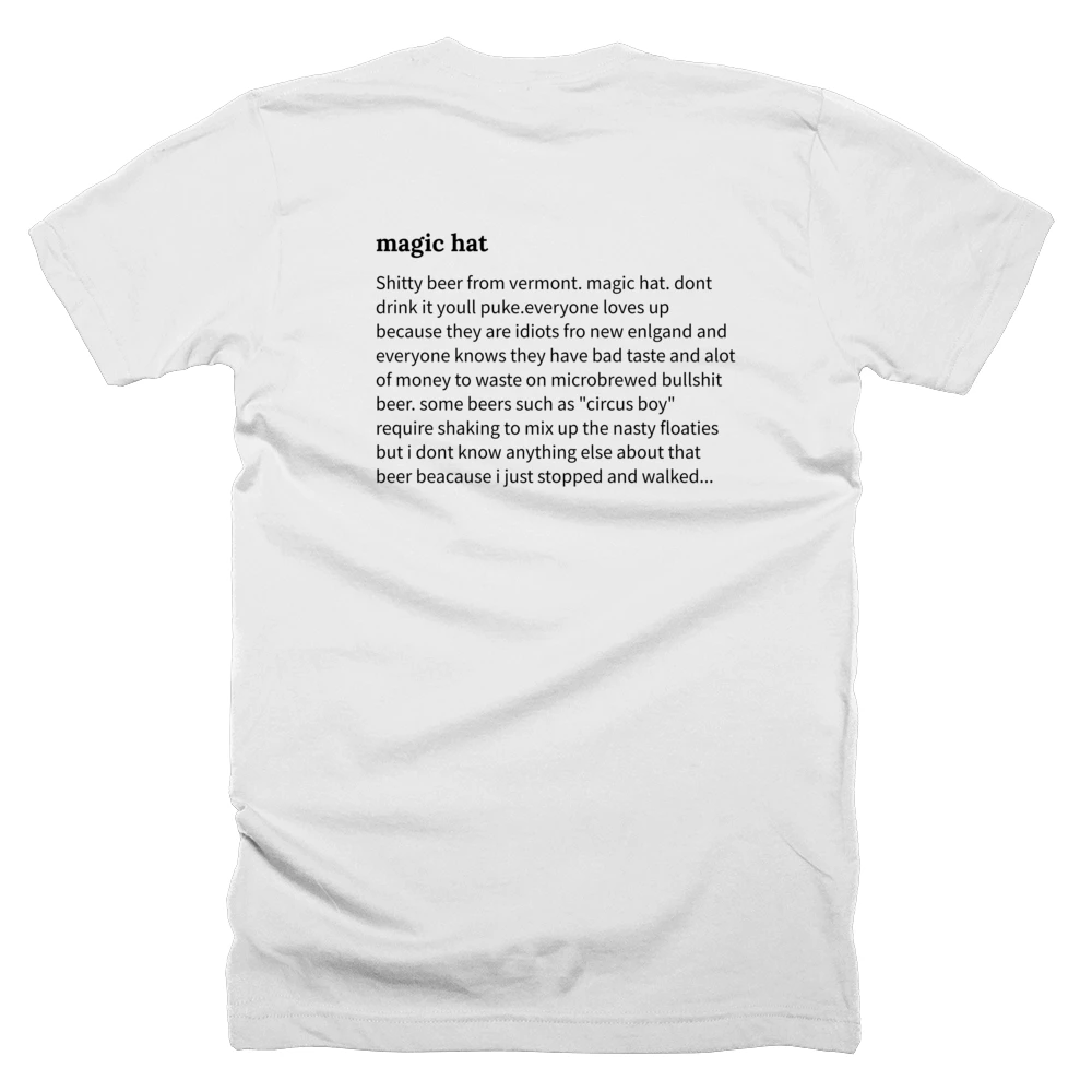T-shirt with a definition of 'magic hat' printed on the back