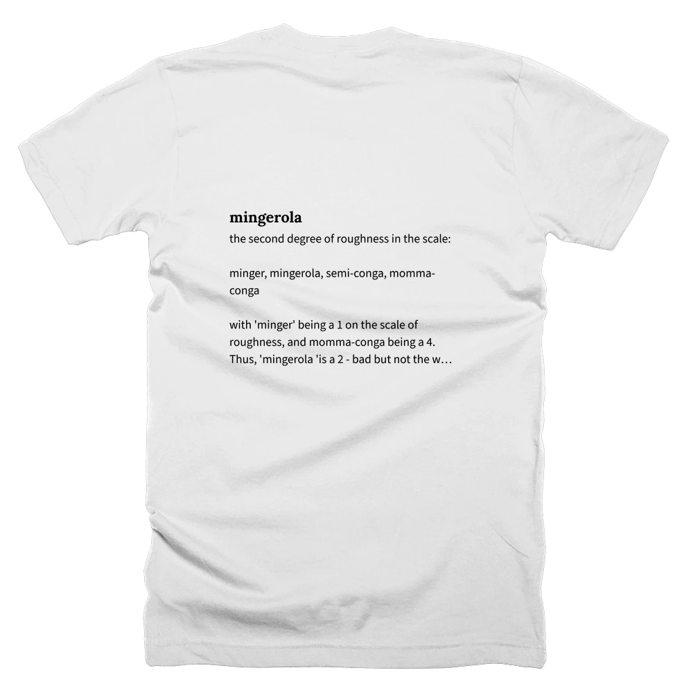 T-shirt with a definition of 'mingerola' printed on the back