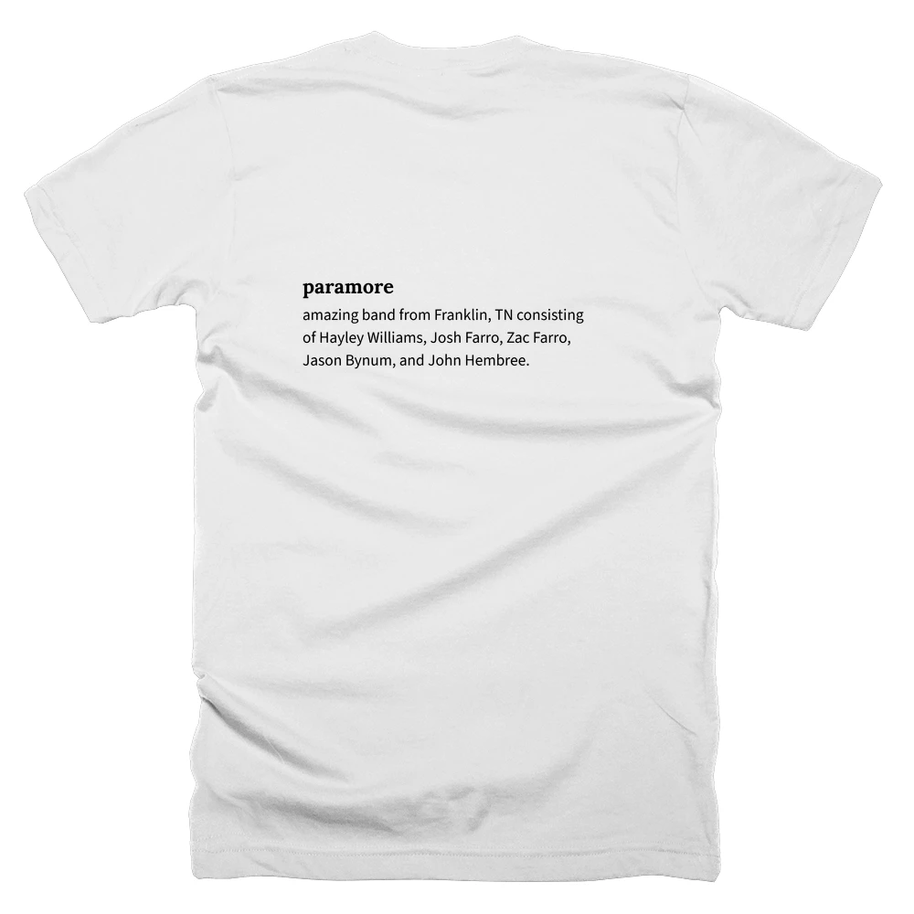 T-shirt with a definition of 'paramore' printed on the back