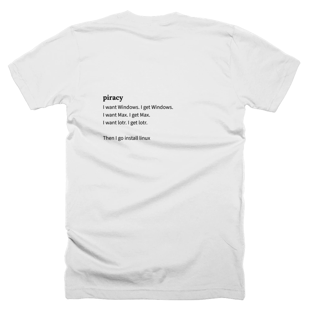 T-shirt with a definition of 'piracy' printed on the back