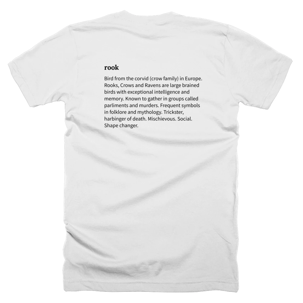 T-shirt with a definition of 'rook' printed on the back