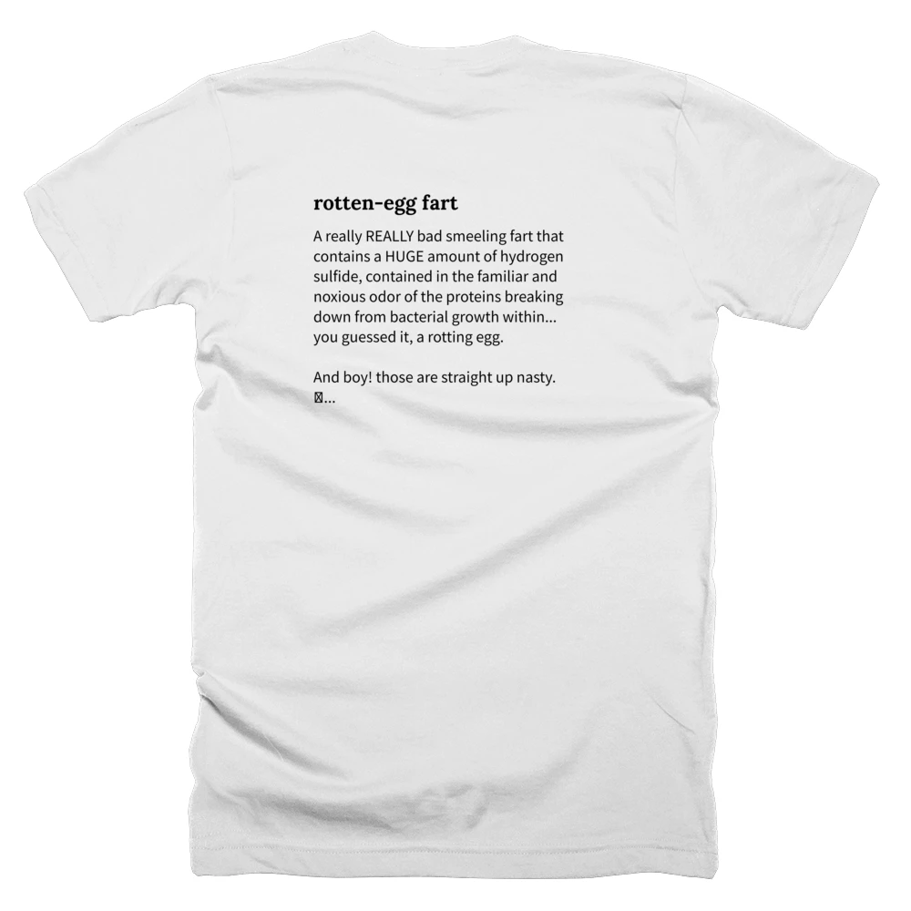 T-shirt with a definition of 'rotten-egg fart' printed on the back
