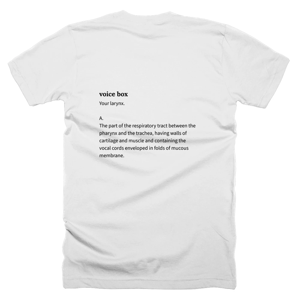 T-shirt with a definition of 'voice box' printed on the back
