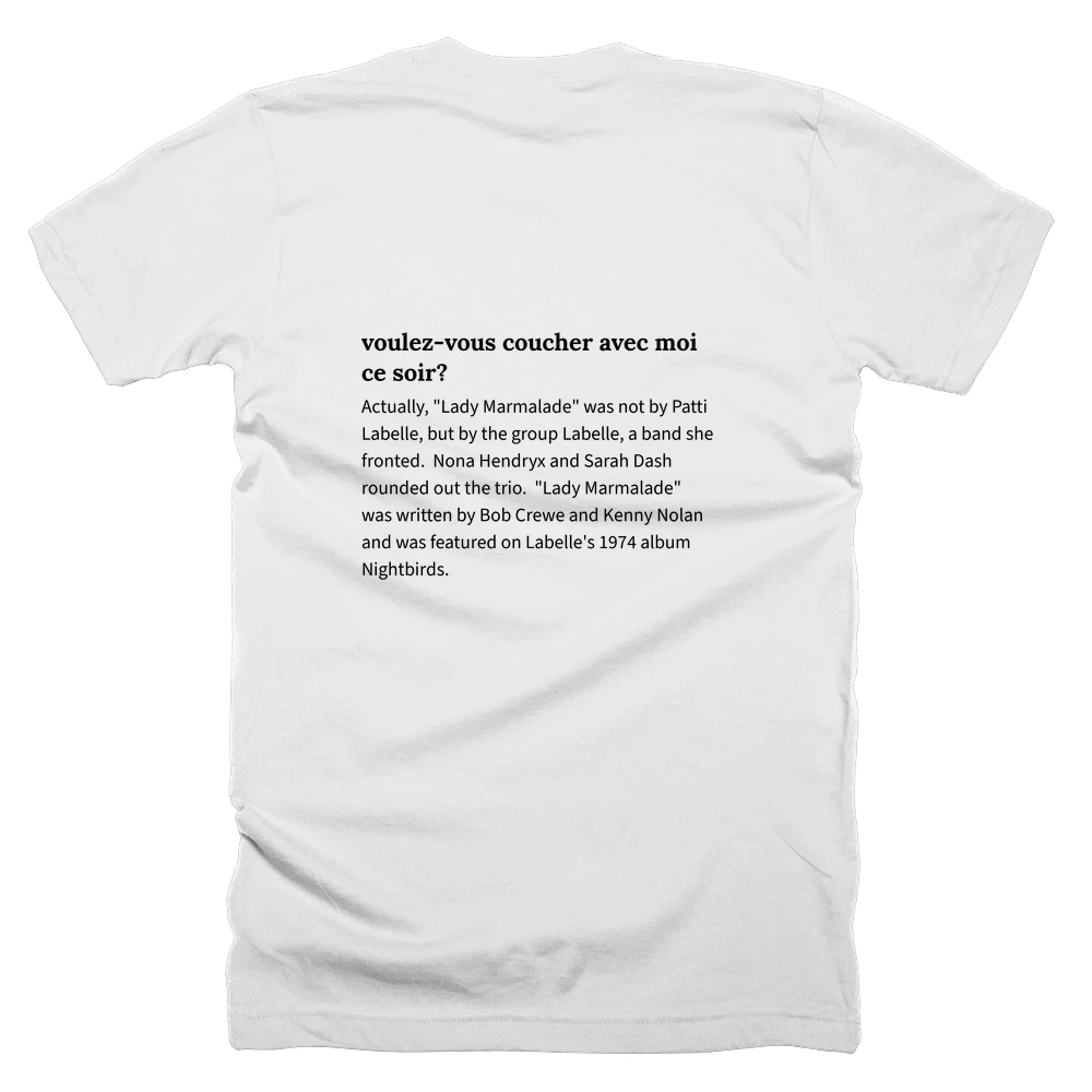 T-shirt with a definition of 'voulez-vous coucher avec moi ce soir?' printed on the back