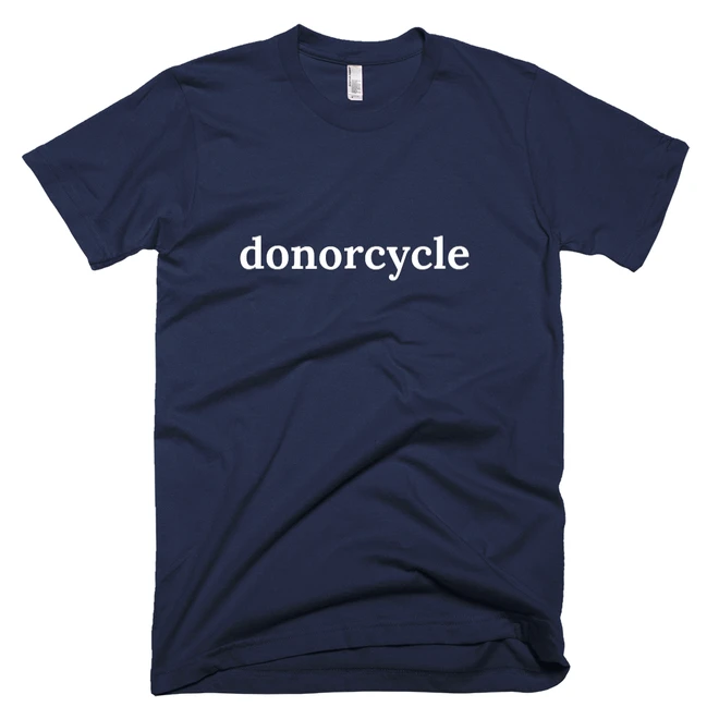 T-shirt with 'donorcycle' text on the front