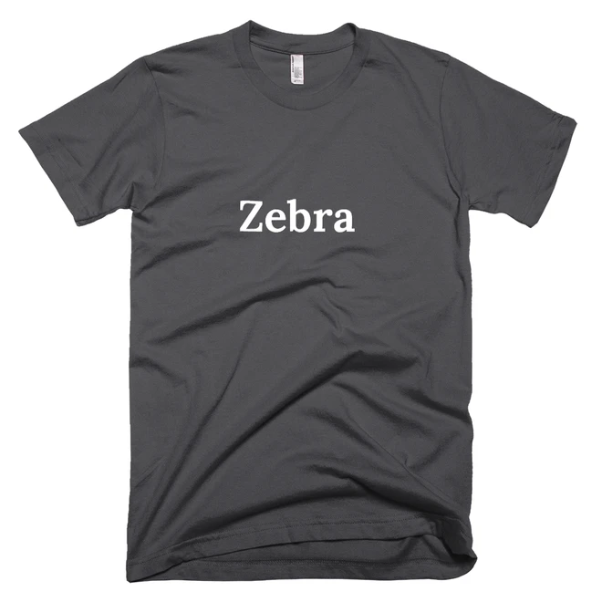 T-shirt with 'Zebra' text on the front