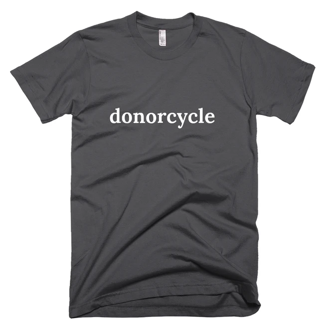 T-shirt with 'donorcycle' text on the front