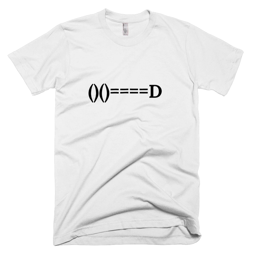 T-shirt with '()()====D' text on the front