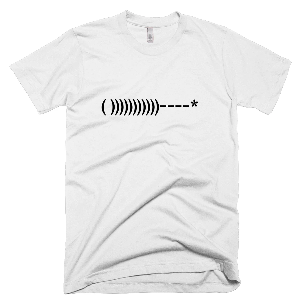 T-shirt with '( )))))))))))----*' text on the front