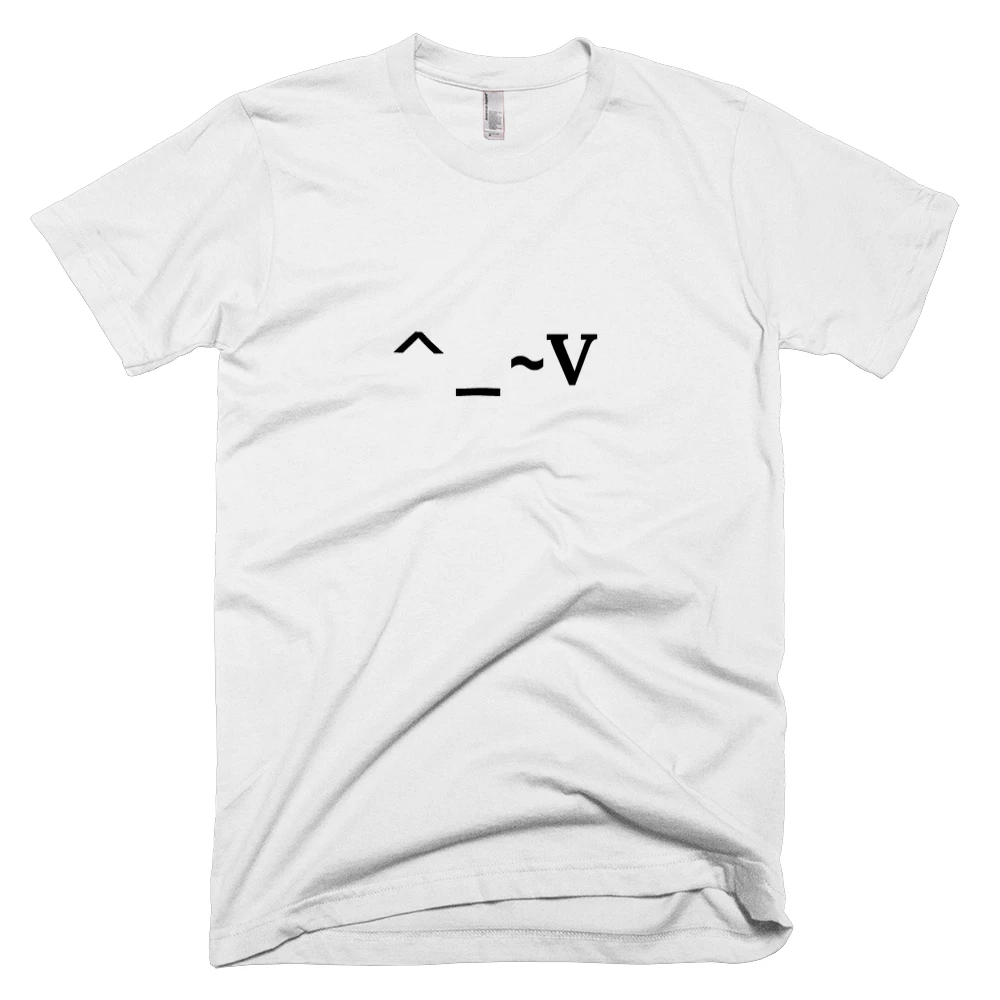 T-shirt with '^_~V' text on the front