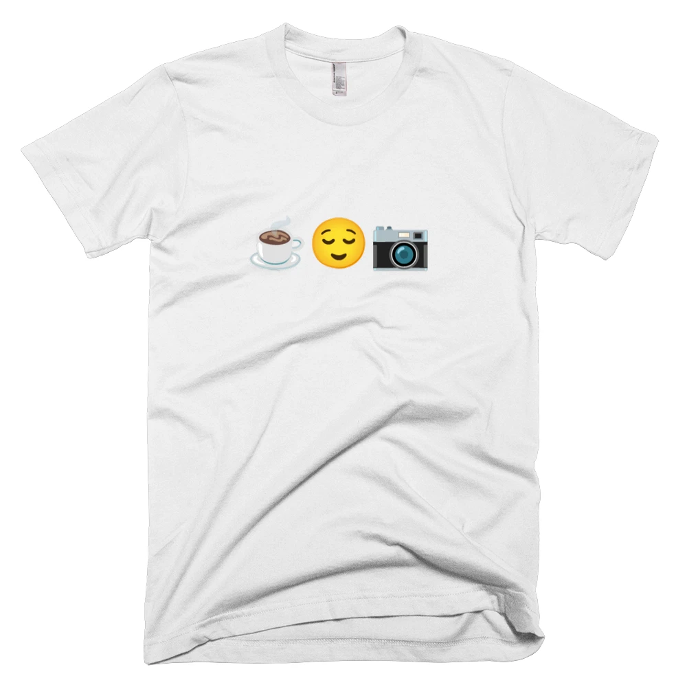 T-shirt with '☕️😌📷' text on the front