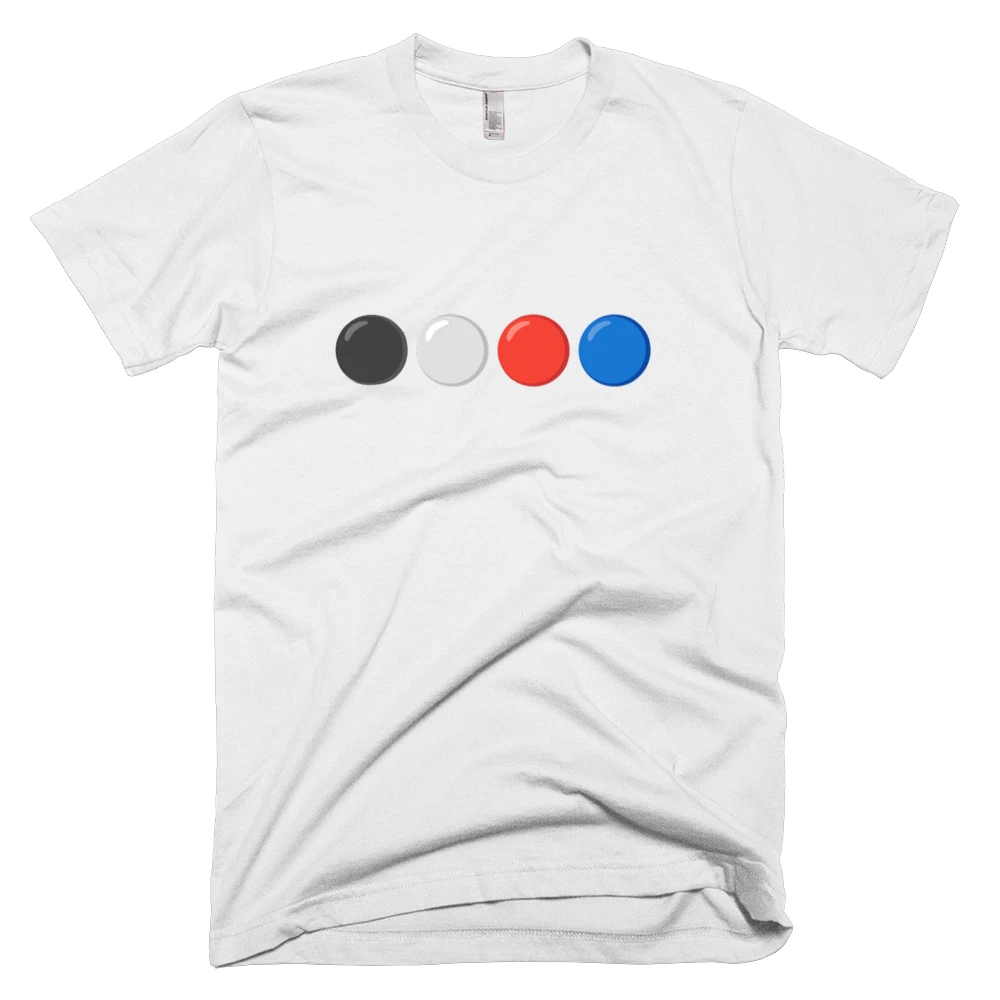 T-shirt with '⚫️⚪️🔴🔵' text on the front
