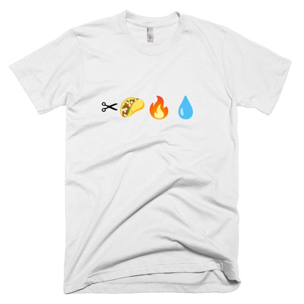 T-shirt with '✂🌮🔥💧' text on the front