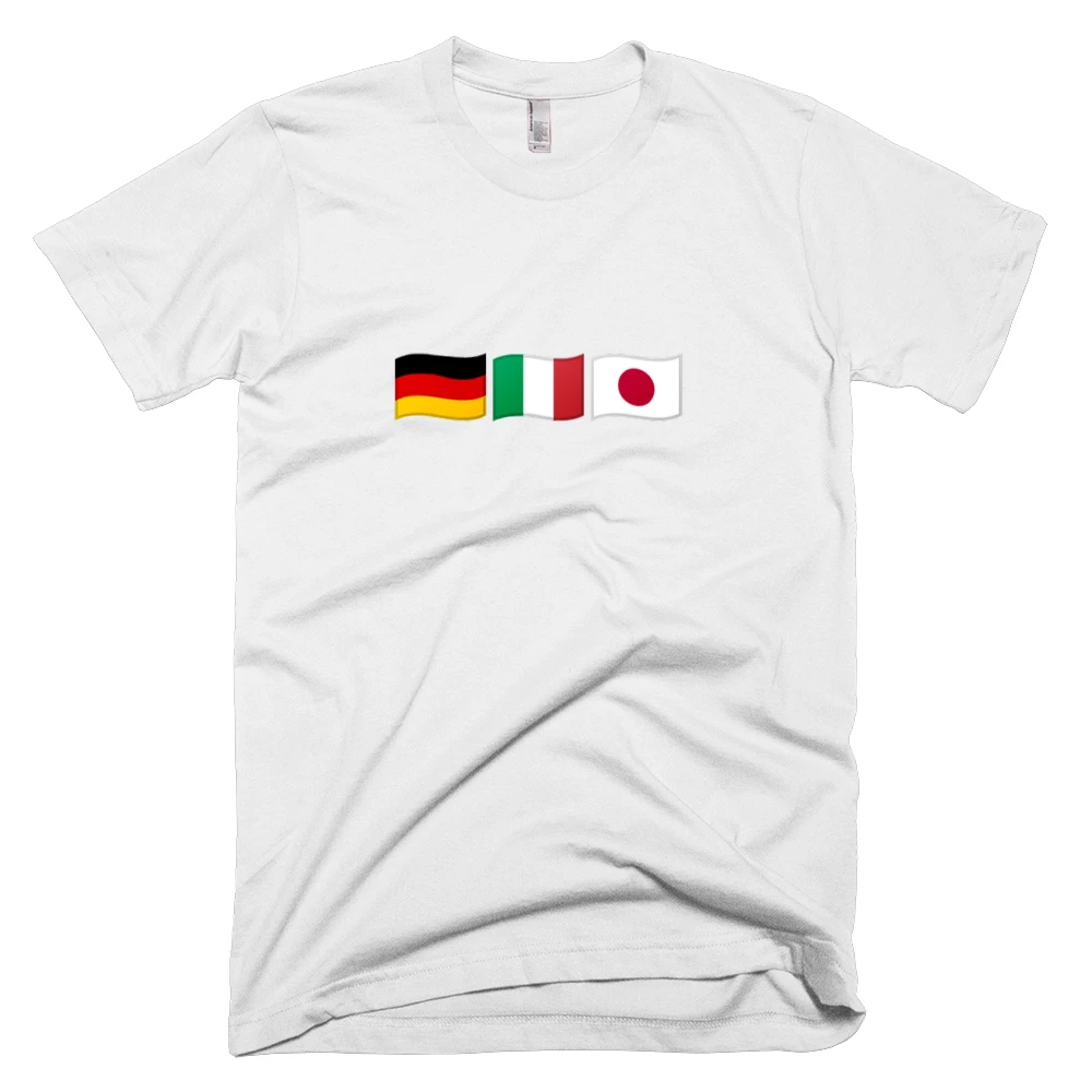 T-shirt with '🇩🇪🇮🇹🇯🇵' text on the front