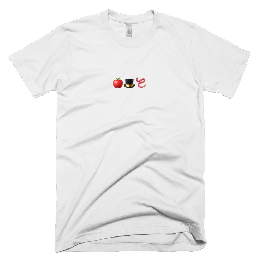 T-shirt with '🍎🎩🪱' text on the front