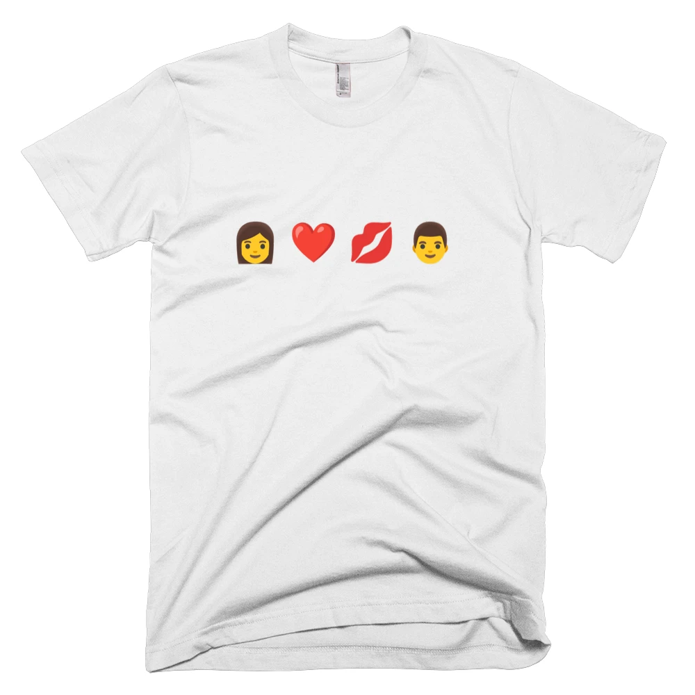 T-shirt with '👩 ❤️ 💋 👨' text on the front
