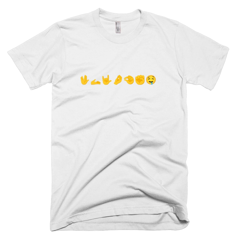 T-shirt with '🖖🫴🤟🤌🤏✊🤤' text on the front