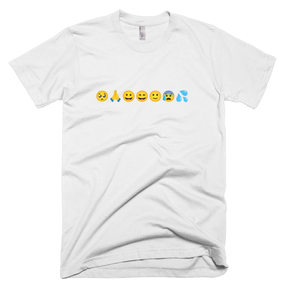 T-shirt with '🥺🙏😀😄🙂😰💦' text on the front