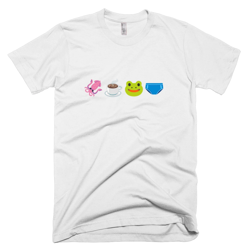 T-shirt with '🦑☕️🐸🩲' text on the front