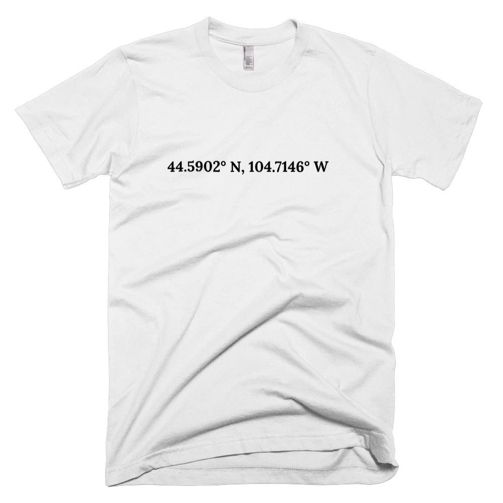 T-shirt with '44.5902° N, 104.7146° W' text on the front