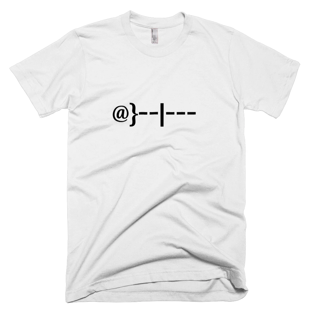 T-shirt with '@}--|---' text on the front