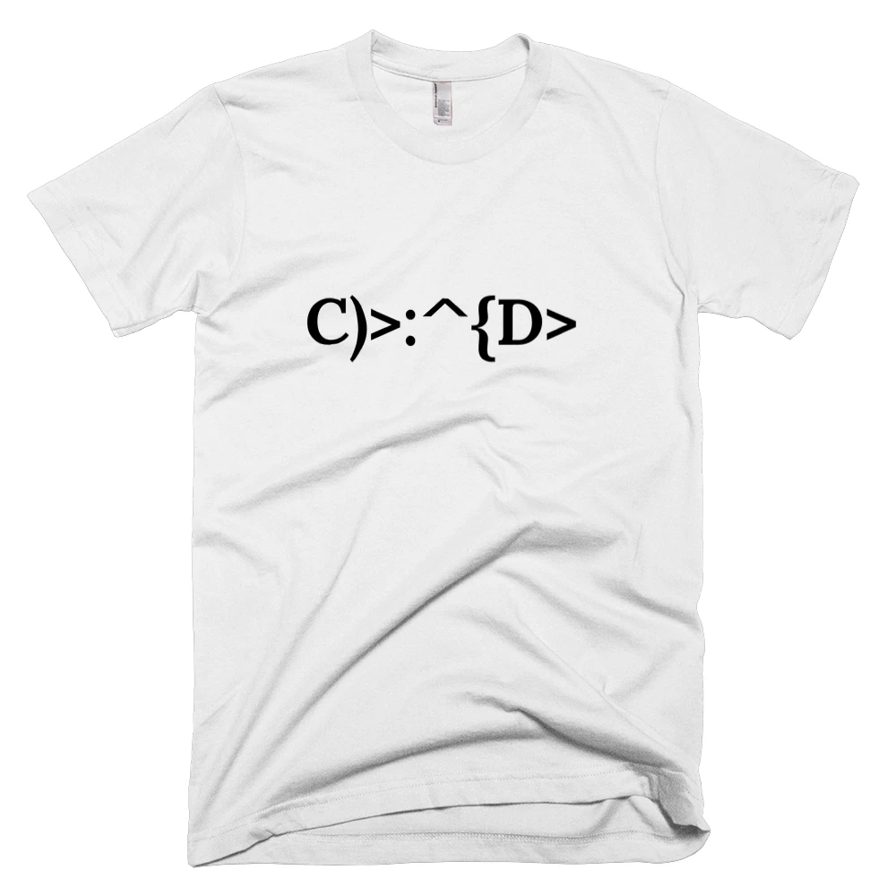 T-shirt with 'C)>:^{D>' text on the front