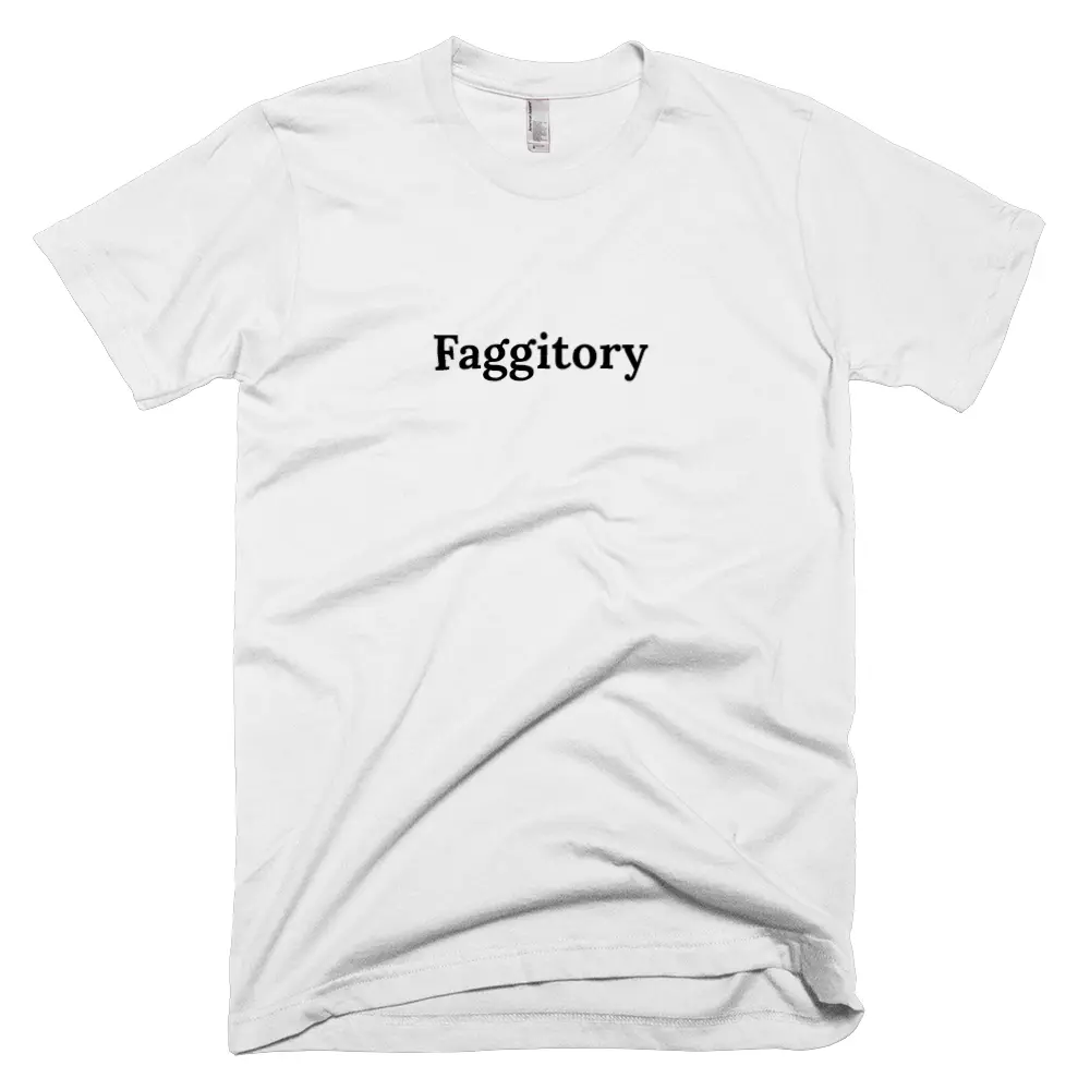 T-shirt with 'Faggitory' text on the front
