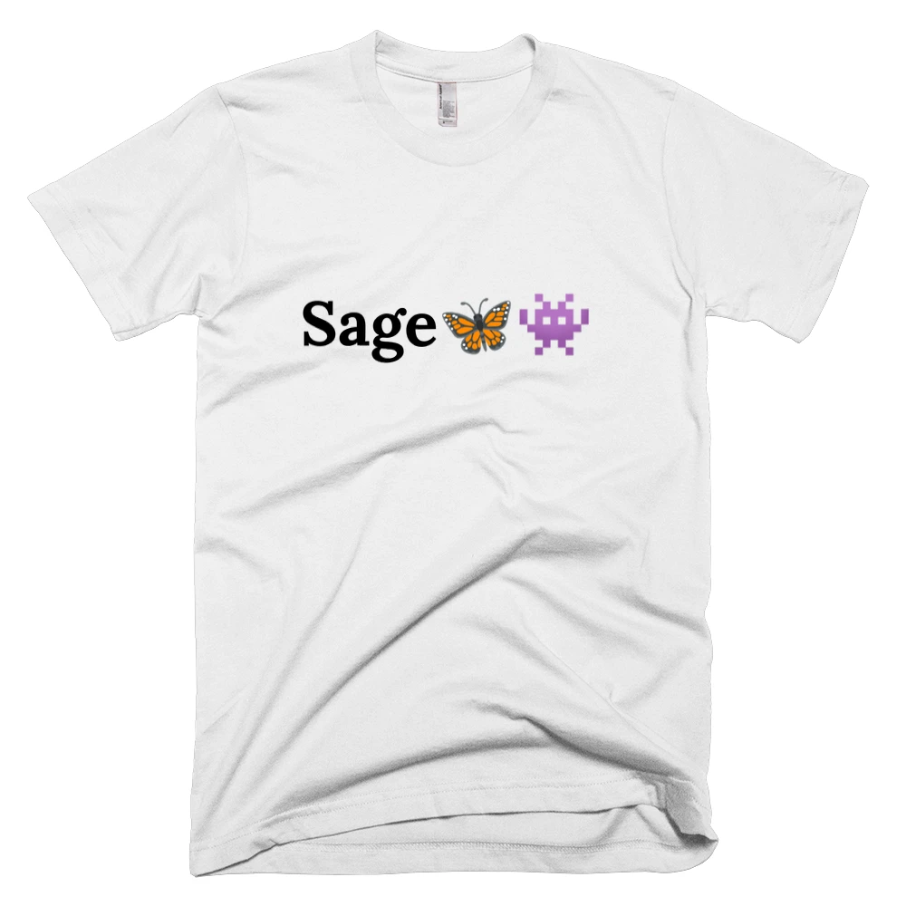 T-shirt with 'Sage🦋👾' text on the front