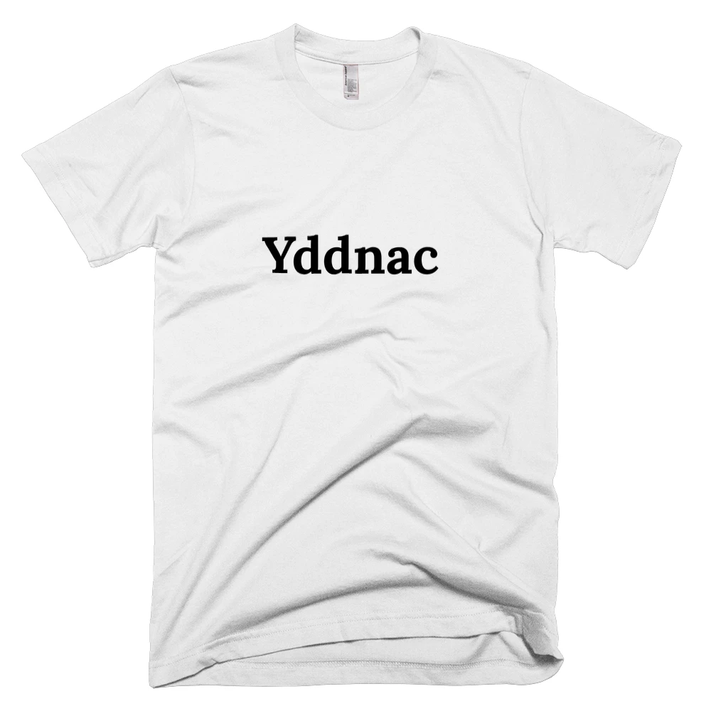 T-shirt with 'Yddnac' text on the front