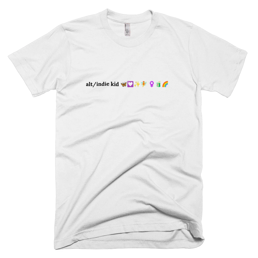 T-shirt with 'alt/indie kid 🦋💟✨🧚 ♀️🧃🌈' text on the front
