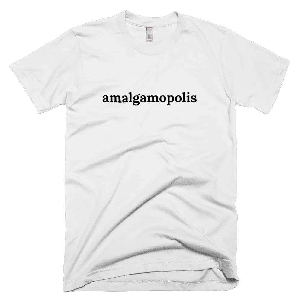 T-shirt with 'amalgamopolis' text on the front