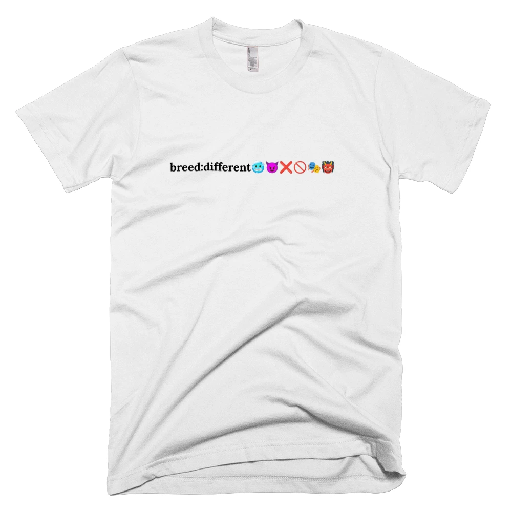 T-shirt with 'breed:different🥶😈❌🚫🎭👹' text on the front
