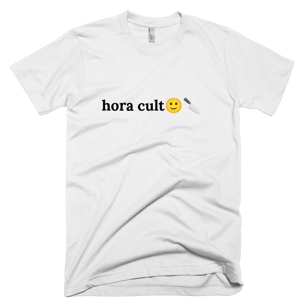 T-shirt with 'hora cult🙂🔪' text on the front