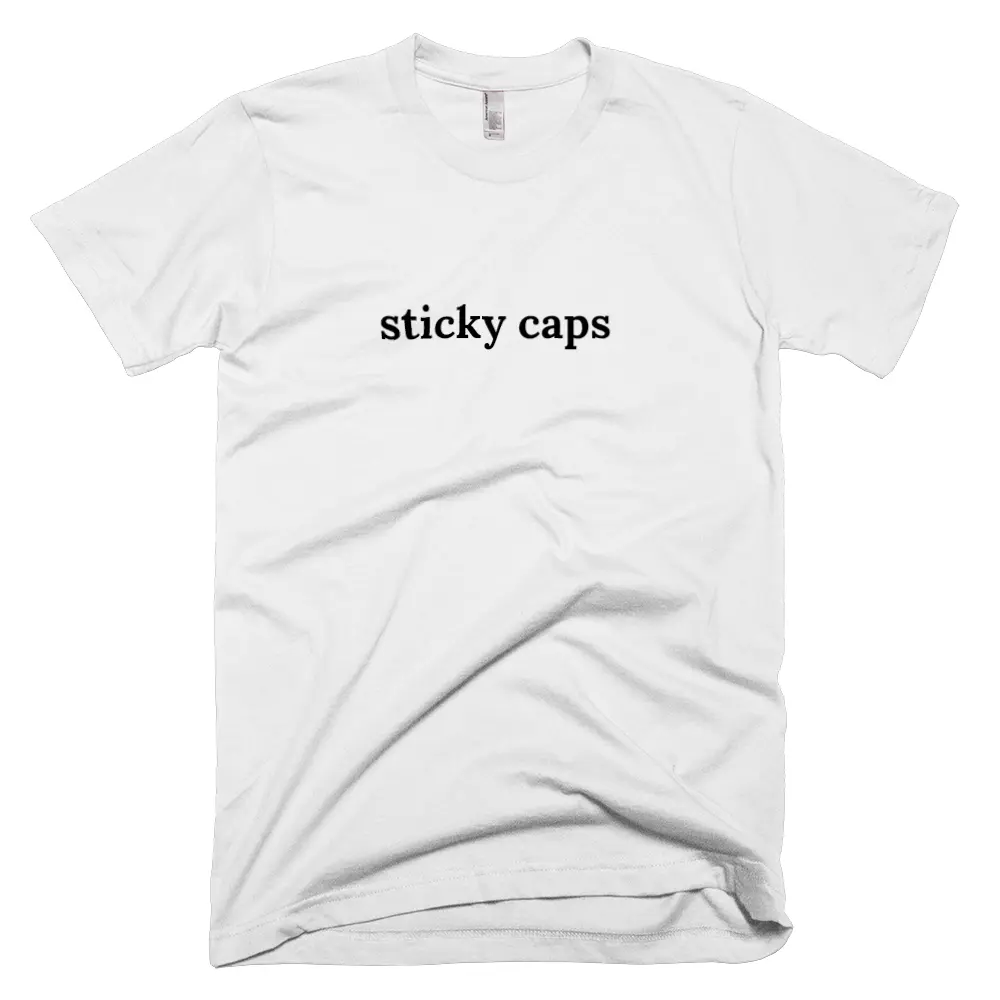 T-shirt with 'sticky caps' text on the front