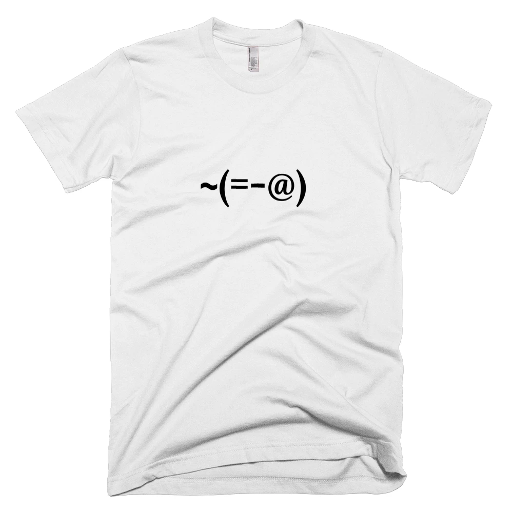 T-shirt with '~(=-@)' text on the front